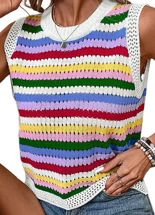 Soft acrylic round neck sweater featuring contrast color stripes and a lightweight slim-fit silhouette.
