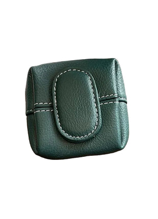 Soft genuine leather coin purse with horizontal square design and sewing line detail.