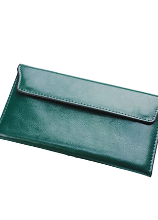 Soft leather long wallet available in burgundy, dark blue, black, green, and brown colors.