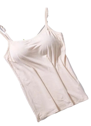 Soft modal camisole with built-in support available in white, black, gray, pink, skin, caramel, and fruit green.