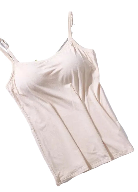 Soft modal camisole with built-in support available in white, black, gray, pink, skin, caramel, and fruit green.