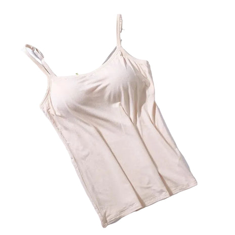 Soft modal camisole with built-in support available in white, black, gray, pink, skin, caramel, and fruit green.