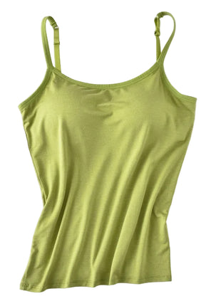 Soft modal camisole with built-in support available in white, black, gray, pink, skin, caramel, and fruit green.