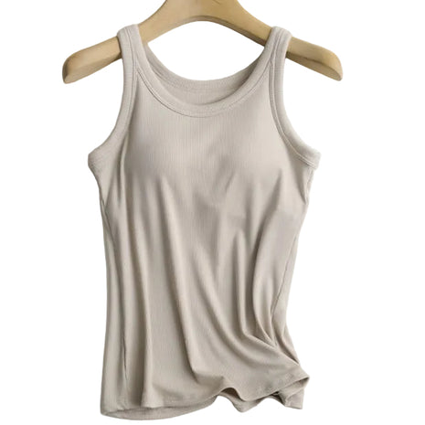 Soft modal tank top with integrated bra support available in black, white, blue, khaki, ginger, and dark gray.