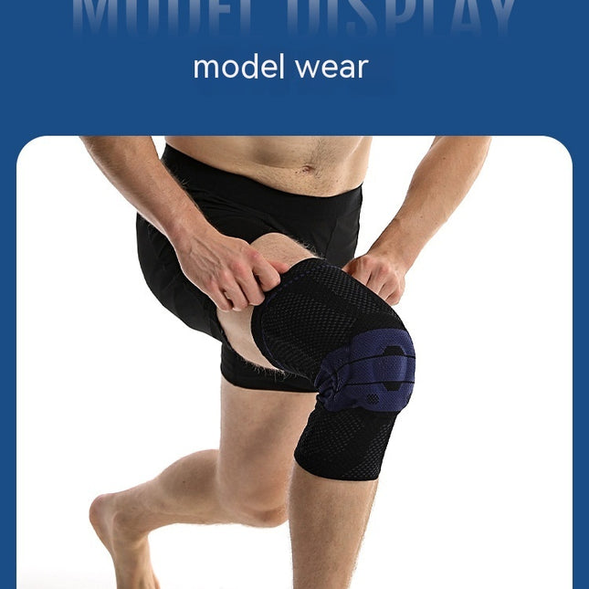 Person wearing a black knee brace on a white background with 'Model Display' text.