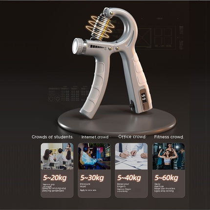 Hand grip strengthener on a dark background with text and images below.