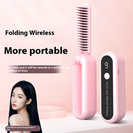 Pink folding wireless hair comb with digital display on a pink background