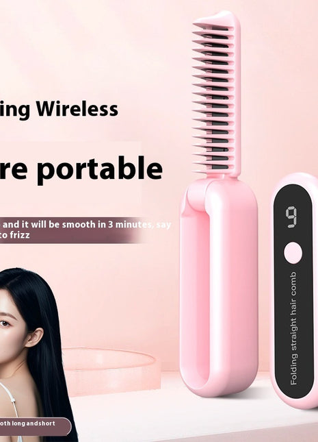 Pink folding wireless hair comb with digital display on a pink background
