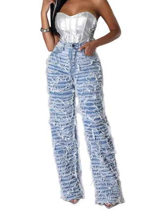Women’s street hipster straight-leg jeans with high waist design and light blue distressed finish.