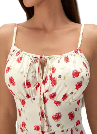 Vestido de tirantes rojo rosa de verano con abertura y espalda con cordones