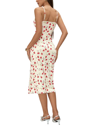 Vestido de tirantes rojo rosa de verano con abertura y espalda con cordones