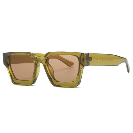 Sunglasses with a green frame and brown lenses on a white background