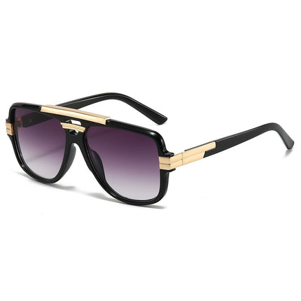 Sunglasses with black frame and gold accents on a white background