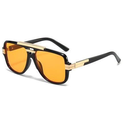 Sunglasses with black frame and gold accents on a white background