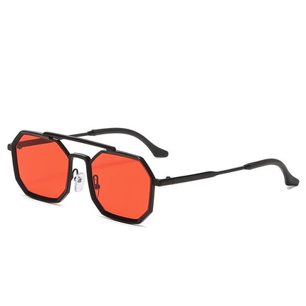 Sunglasses with black frame and red lenses on a white background