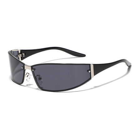 Sunglasses with black frames and dark lenses on a white background