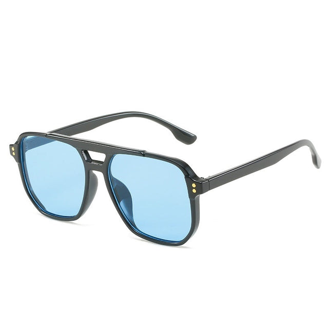 Sunglasses with blue lenses and black frame on a white background
