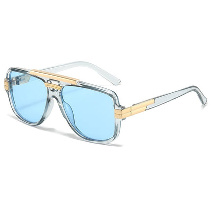 Sunglasses with gold frame and blue lenses on a white background