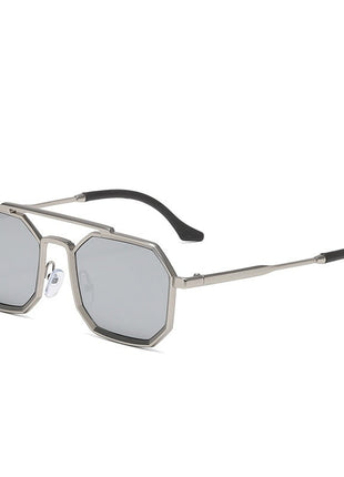 Sunglasses with silver frame and mercury glass lenses on a white background