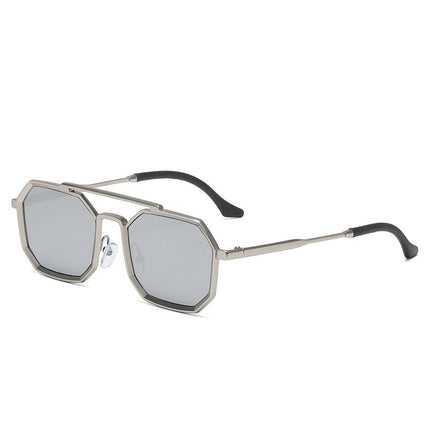Sunglasses with silver frame and mercury glass lenses on a white background