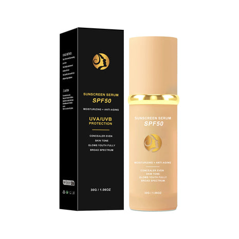Sunscreen serum with SPF50 and packaging on a white background