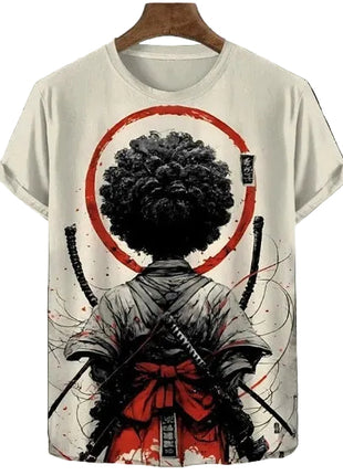 T-shirt with a graphic design of a person with an afro, red circle, and two swords on a grid background.