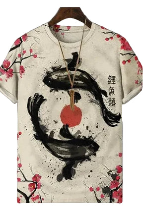 T-shirt with black fish design and red circle on a light background