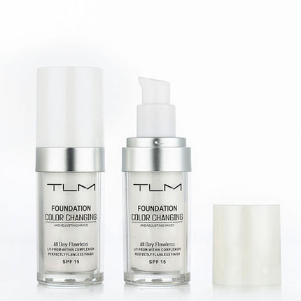 Two TLM foundation bottles with a white background