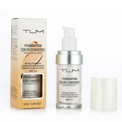 TLM foundation color-changing packaging and bottle on a white background