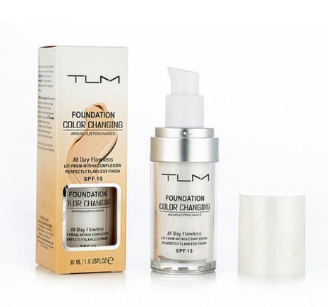 TLM foundation color-changing packaging and bottle on a white background