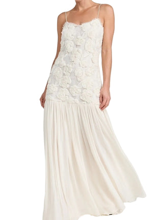 High Waist White Occasion Dress with Floral Details