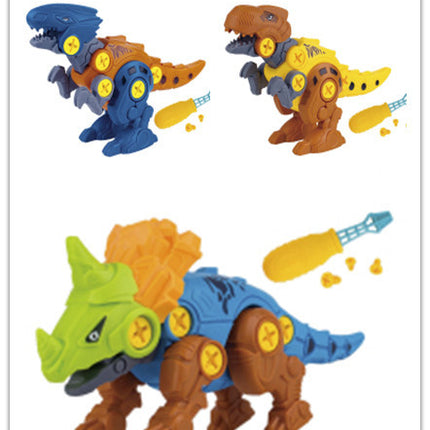 Three dinosaur toy figures in different colors on a white background
