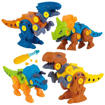 Three dinosaur toy in various colors on a white background