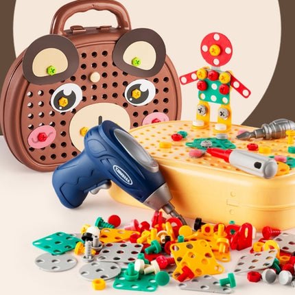 Toy construction set with tools and parts on a beige background