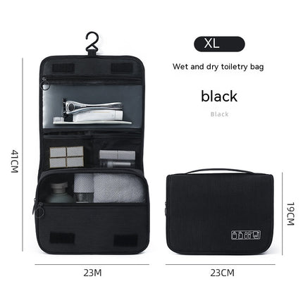 Black wet and dry toiletry bag with hanging hook, shown open and closed with product items inside, and dimensions displayed.