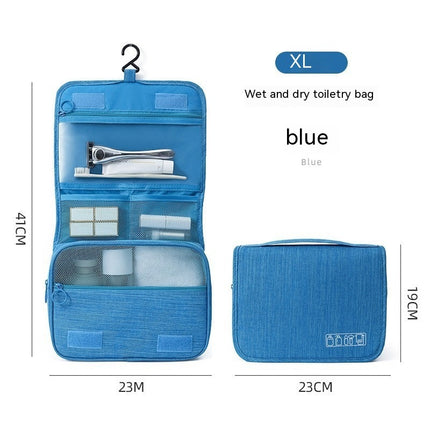 Blue wet and dry toiletry bag with dimensions and product details on a white background
