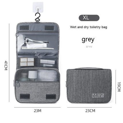 Gray wet and dry toiletry bag with measurements and product details on a white background