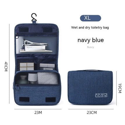 Navy blue wet and dry toiletry bag with measurements and product details on a white background