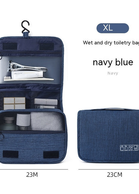 Navy blue wet and dry toiletry bag with measurements and product details on a white background