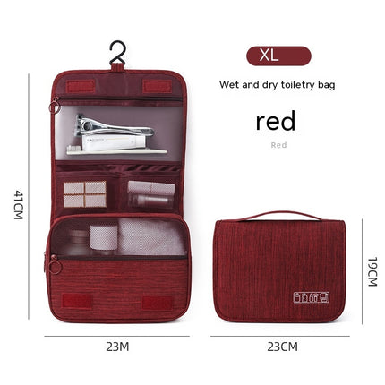 Red wet and dry toiletry bag with measurements on a white background