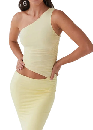 Stylish Yellow Polyester Two-Piece Skirt Set