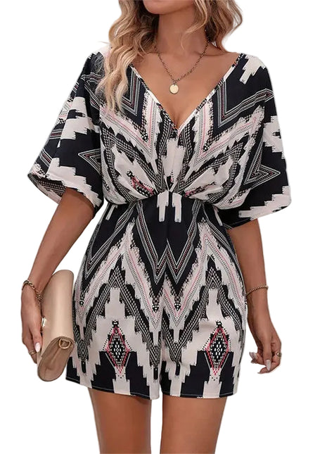Versatile Women's Black V-Neck Jumpsuit with High Waist Shorts