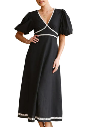 Short Sleeve V-Neck Lace Waist Maxi Black Dress