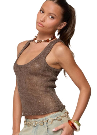 Versatile shimmer tank top for women suitable for parties, festivals, vacations, and casual styling.