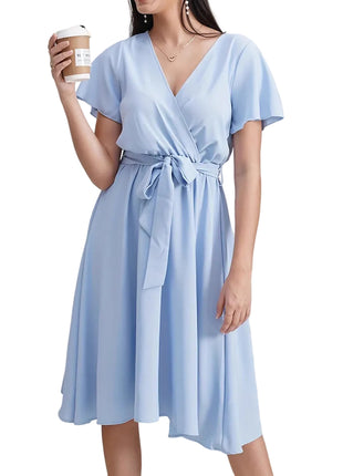 Short Sleeve Cross Collar Belt Maxi Dress in Light Blue