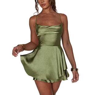 Elegant green satin dress with slim strap design and luxurious mercerized fabric finish.