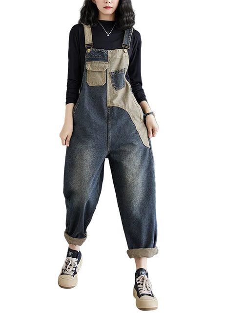 Antique Washed Button Metal Patch Multi-Pocket Denim Overall