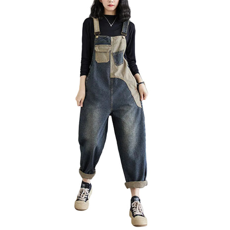 Antique Washed Button Metal Patch Multi-Pocket Denim Overall