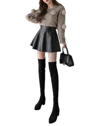 Black Faux Leather A-Line Short Skirt for Women