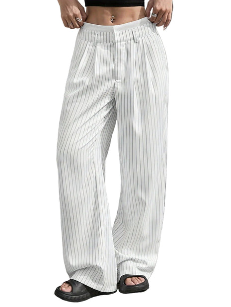 Versatile women’s straight-leg stripe trousers for casual wear, travel, work outfits, and modern styling.
